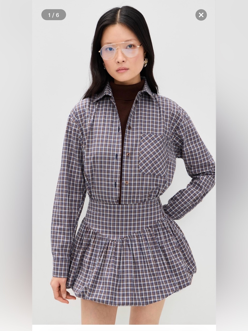 Le Bop Plaid Button-Front Long-Sleeve Set in Brown and Blue